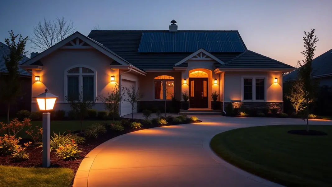 Modern home exterior at dusk with bright solar security lights