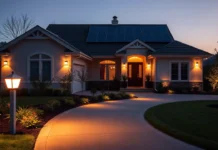 Modern home exterior at dusk with bright solar security lights