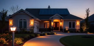 Modern home exterior at dusk with bright solar security lights