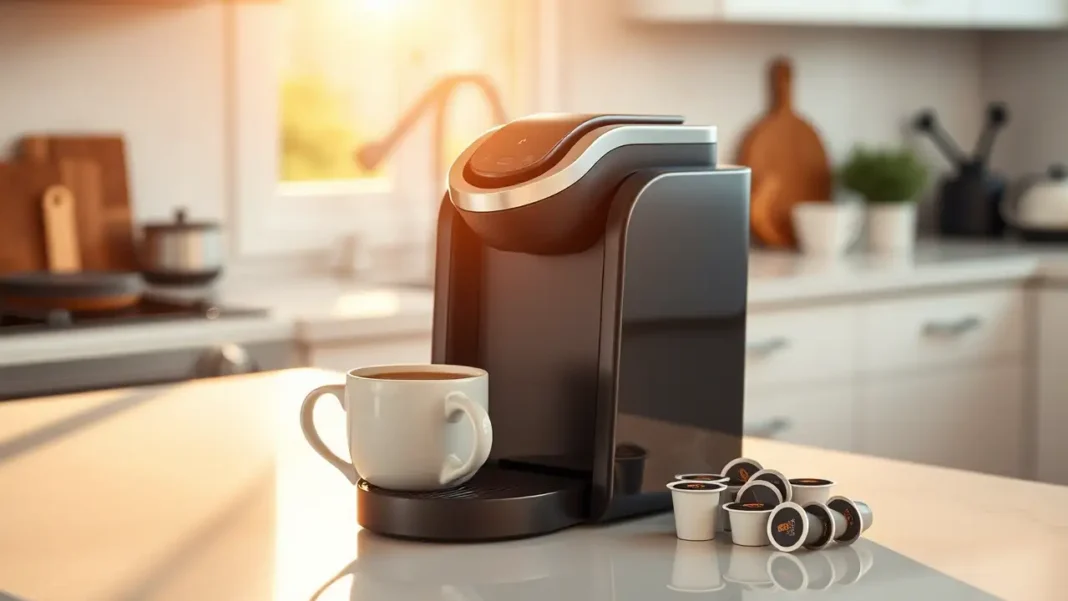 Modern single serve coffee maker on a kitchen counter with a steaming mug