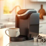 Modern single serve coffee maker on a kitchen counter with a steaming mug