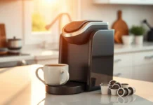 Modern single serve coffee maker on a kitchen counter with a steaming mug