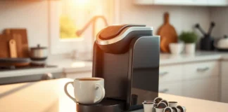 Modern single serve coffee maker on a kitchen counter with a steaming mug