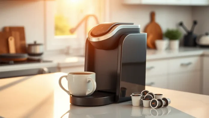 Modern single serve coffee maker on a kitchen counter with a steaming mug