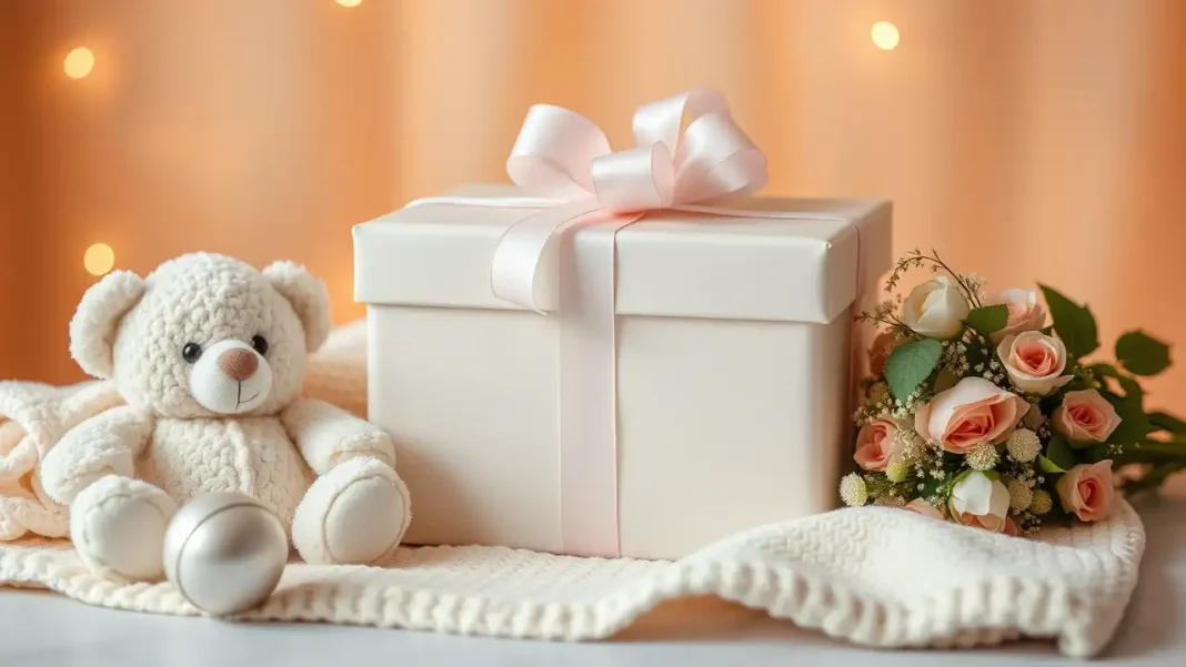 A beautifully wrapped baby shower gift box with neutral pastel colors