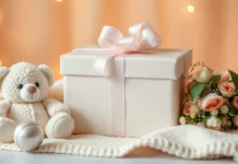 A beautifully wrapped baby shower gift box with neutral pastel colors