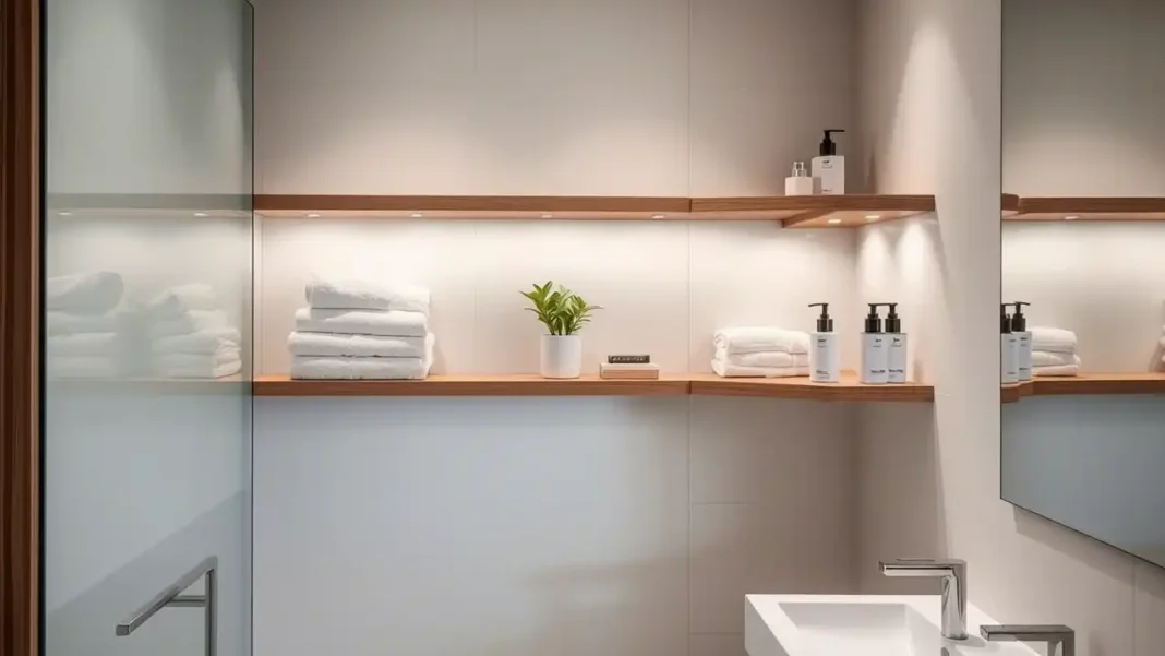 A modern bathroom featuring stylish Bathroom Corner Shelves A modern bathroom featuring stylish Bathroom Corner Shelves