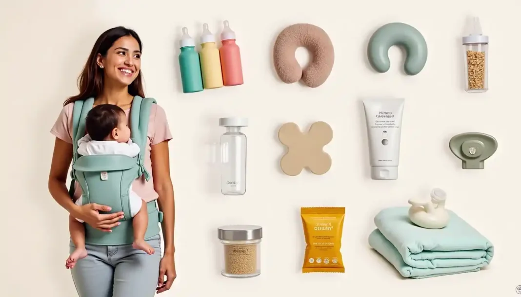A peaceful new mom surrounded by Postpartum Essentials products