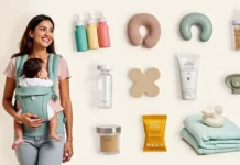 A peaceful new mom surrounded by Postpartum Essentials products