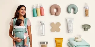A peaceful new mom surrounded by Postpartum Essentials products