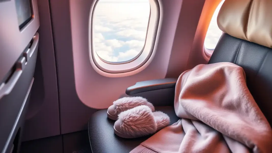 A plush pair of slippers for long haul flights airplane seat in business class A plush pair of slippers for long haul flights airplane seat in business class