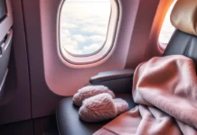 A plush pair of slippers for long haul flights airplane seat in business class