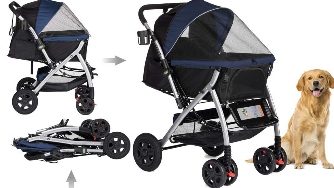 A sleek pet strollers on a park trail