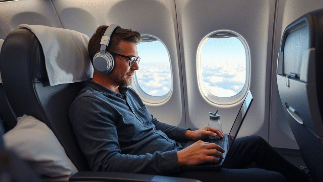 A stylish traveler relaxing in economy class featuring Long Haul Flight Tips A stylish traveler relaxing in economy class featuring Long Haul Flight Tips