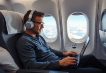 A stylish traveler relaxing in economy class featuring Long Haul Flight Tips
