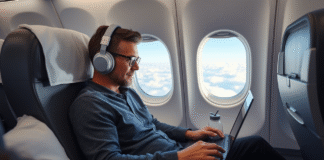 A stylish traveler relaxing in economy class featuring Long Haul Flight Tips