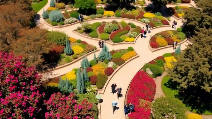A vibrant aerial view of San Luis Obispo Botanical Garden showcasing winding trails