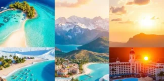 A vibrant collage featuring Dream Vacation Spots