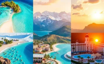 A vibrant collage featuring Dream Vacation Spots