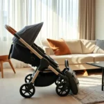 7 Compact Strollers for Tiny Apartments (Under 15 lbs) An upscale urban apartment interior with a chic, compact stroller folded neatly beside a mid-century modern couch