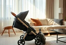 An upscale urban apartment interior with a chic, compact stroller folded neatly beside a mid-century modern couch