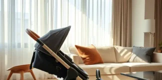 An upscale urban apartment interior with a chic, compact stroller folded neatly beside a mid-century modern couch