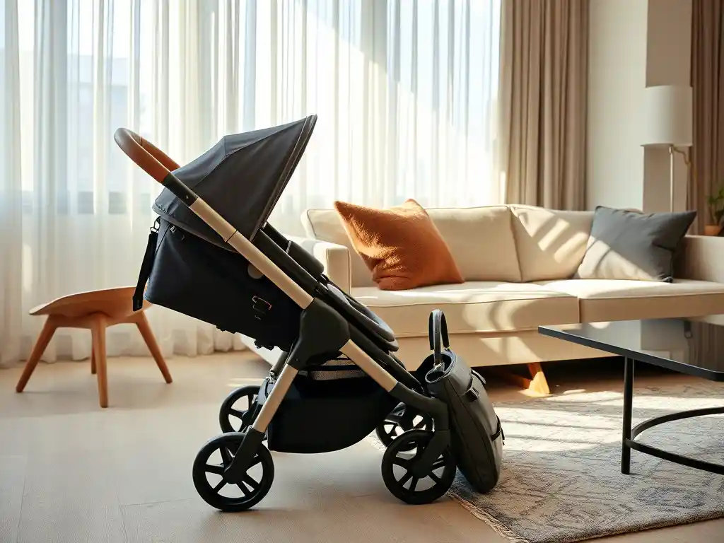 An upscale urban apartment interior with a chic, compact stroller folded neatly beside a mid-century modern couch