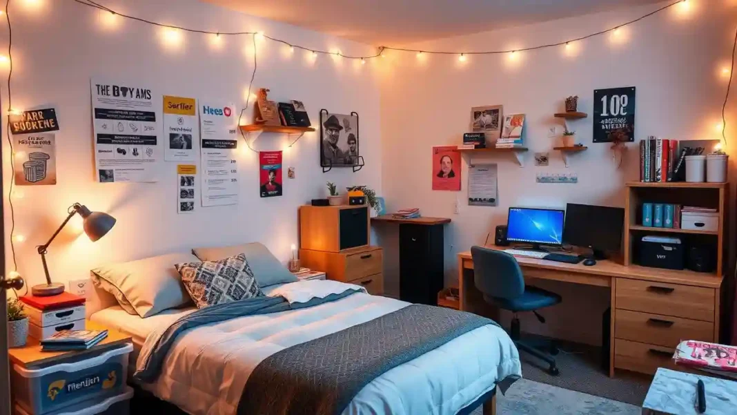 Bright and cozy college dorm room featuring Dorm Room Essentials