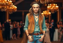 Elegant professional in an authentic 1960s hippie costume set