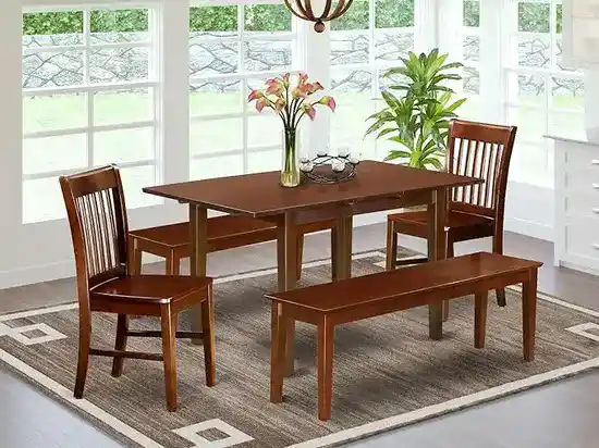 5 Piece Dining Set Includes a Rectangle Dining Table with Butterfly Leaf and 2 Kitchen Chairs with 2 Benches