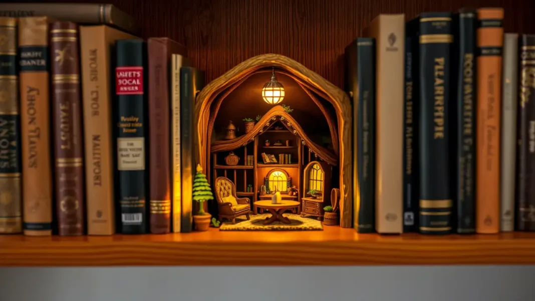 A cozy bookshelf with a beautifully lit book nook