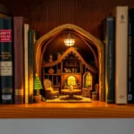 A cozy bookshelf with a beautifully lit book nook