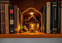 Book Nooks Ideas That Spark Creative Magic A cozy bookshelf with a beautifully lit book nook