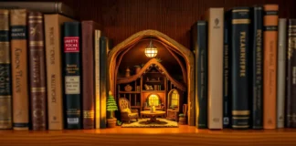 Book Nooks Ideas That Spark Creative Magic A cozy bookshelf with a beautifully lit book nook
