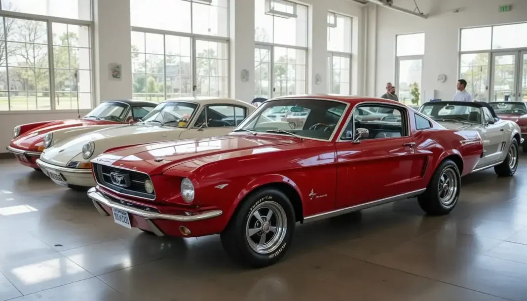 A lineup of gleaming collectible classic cars parked in a sunlit showroom