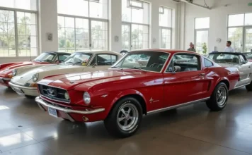 A lineup of gleaming collectible classic cars parked in a sunlit showroom