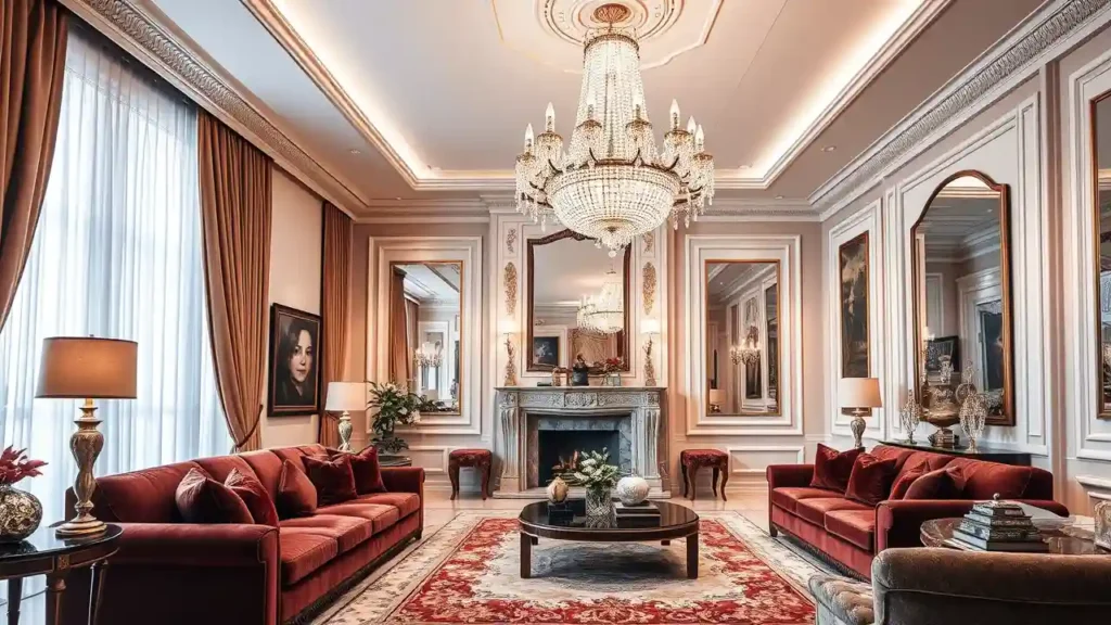 A luxurious living room with a grand crystal chandelier hanging from the ceiling