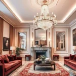 Crystal Chandeliers: Sparkle That Transforms Any Room A luxurious living room with a grand crystal chandelier hanging from the ceiling