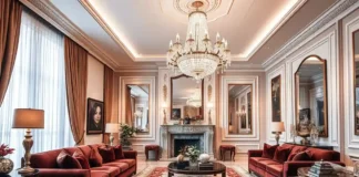 A luxurious living room with a grand crystal chandelier hanging from the ceiling