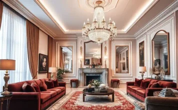 A luxurious living room with a grand crystal chandelier hanging from the ceiling
