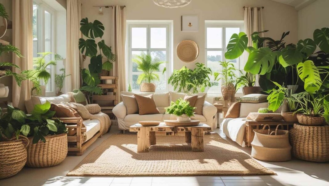 A minimalist, sunlit living room with natural textures featuring a Serene Environment A minimalist, sunlit living room with natural textures featuring a Serene Environment