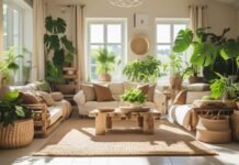 A minimalist, sunlit living room with natural textures featuring a Serene Environment
