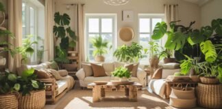 A minimalist, sunlit living room with natural textures featuring a Serene Environment
