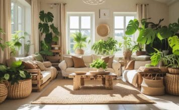 A minimalist, sunlit living room with natural textures featuring a Serene Environment