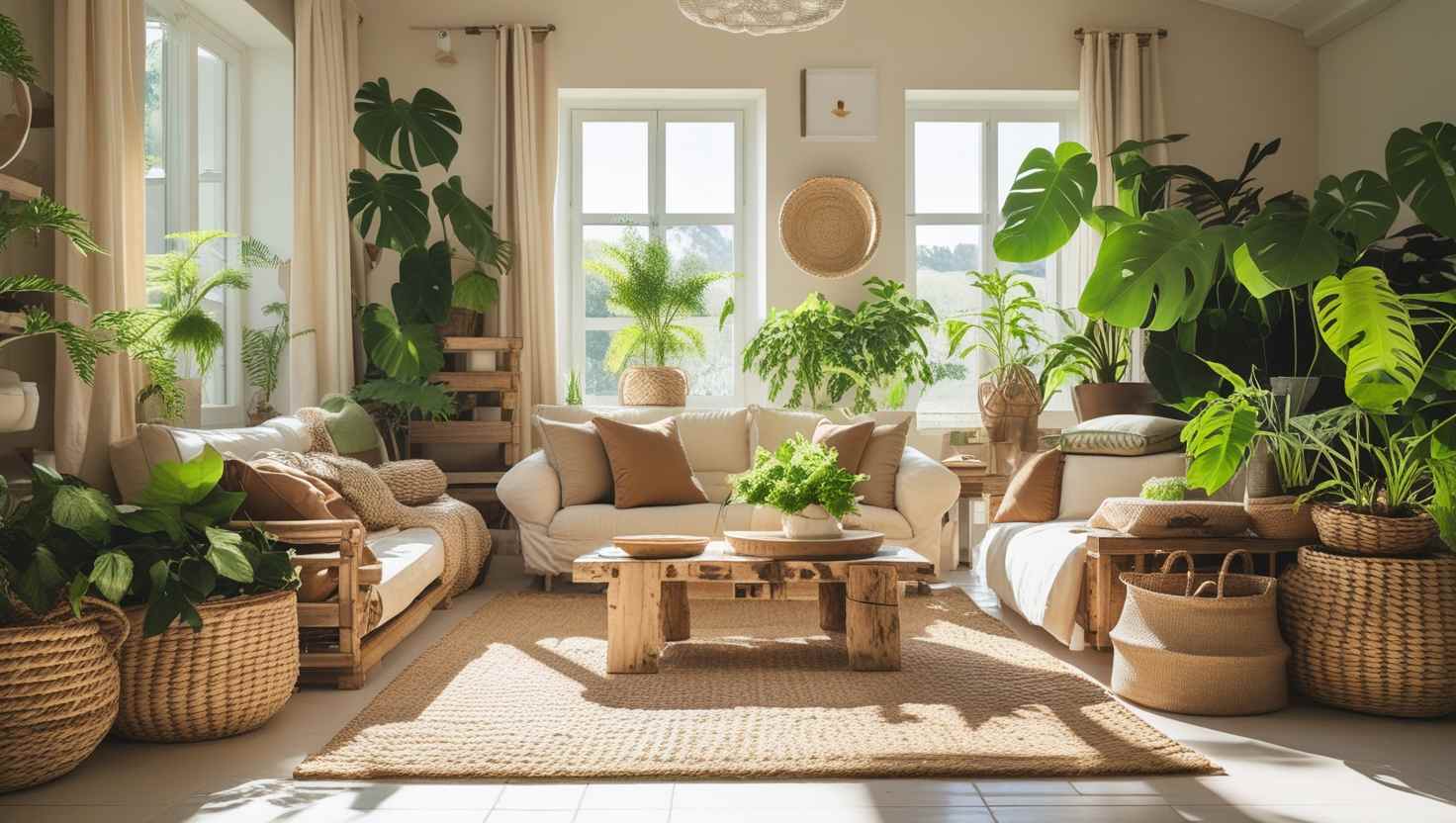 A minimalist, sunlit living room with natural textures featuring a Serene Environment