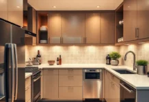 A modern small apartment kitchen and laundry area featuring stylish Apartment Size Appliances