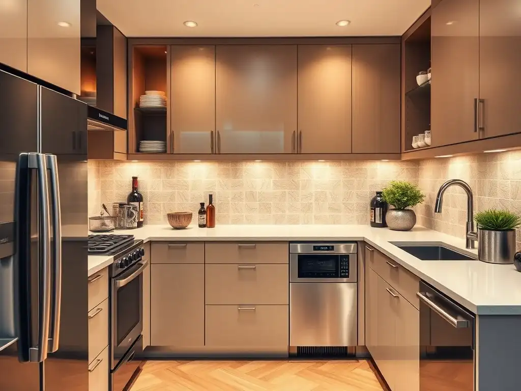 A modern small apartment kitchen and laundry area featuring stylish Apartment Size Appliances