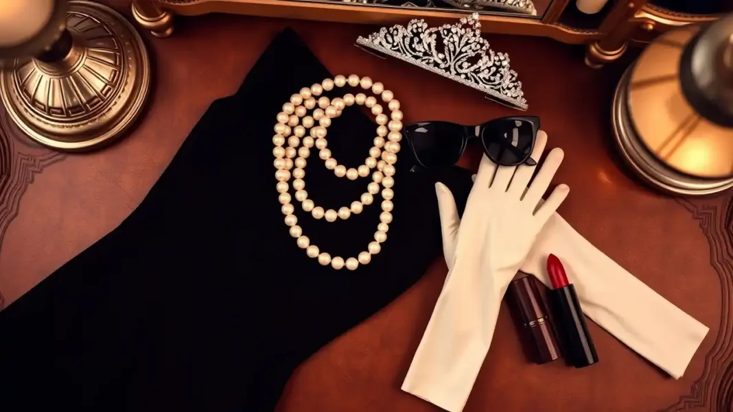 A stylish flat lay of Audrey Hepburn fancy dress essentials