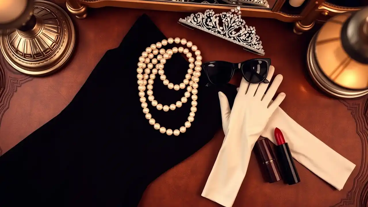 A stylish flat lay of Audrey Hepburn fancy dress essentials