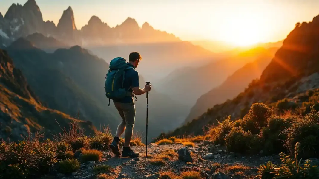 Backpacker hiking through a rugged mountain landscape at sunrise, equipped with premium outdoor gear